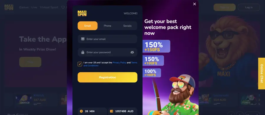 Maxispin casino Australia signup form and account creation screen on mobile