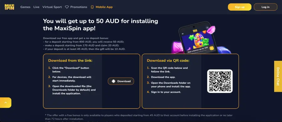 Maxispin casino mobile app interface with pokies lobby on smartphone