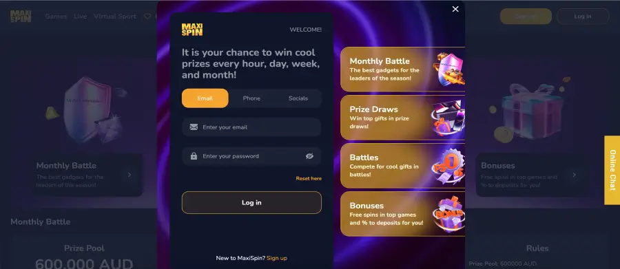 Maxispin casino login form with email and password fields on desktop and mobile